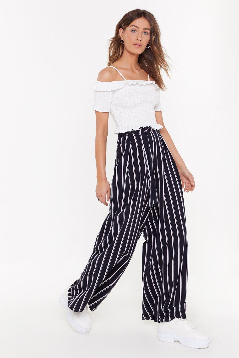 navy striped wide leg pants