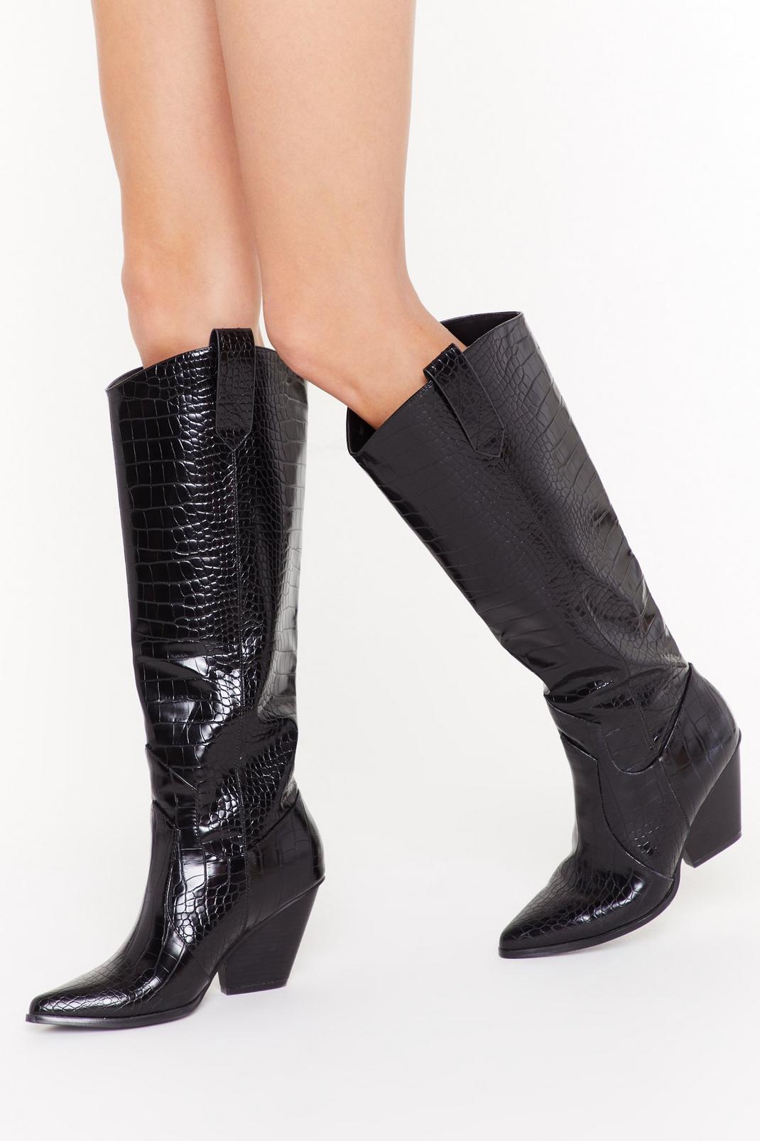 Black Faux Leather Croc Knee High Cowboy Boots image number 1