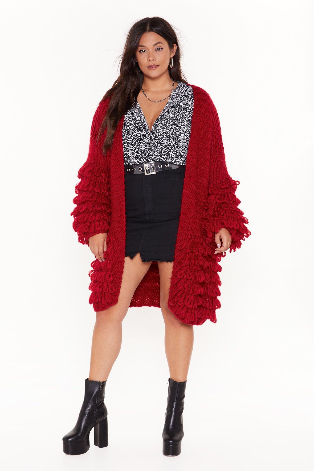 red loop knit cardigan