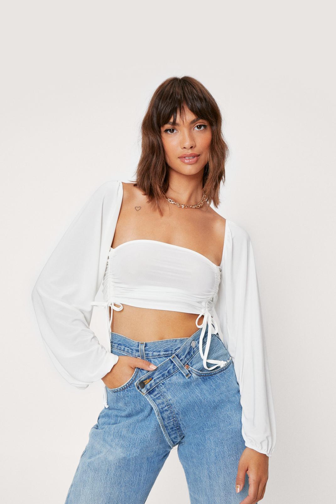 White Long Sleeve Ruched Tie Crop Top image number 1