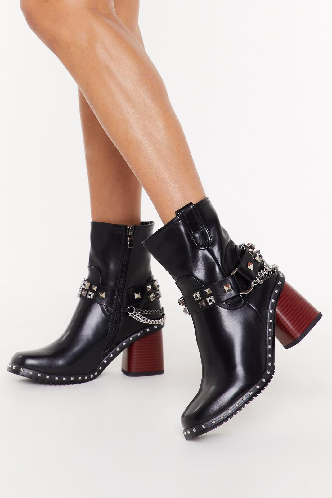 Black Embellish the Truth Studded Chain Boots image number 1