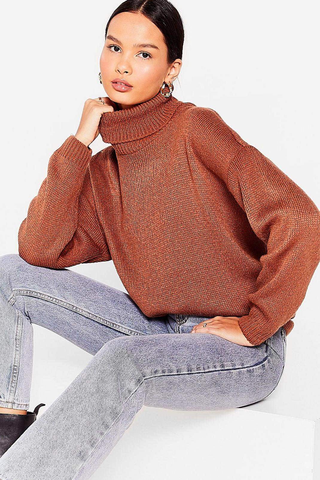 Rust Slouchy Knitted Turtleneck Jumper image number 1