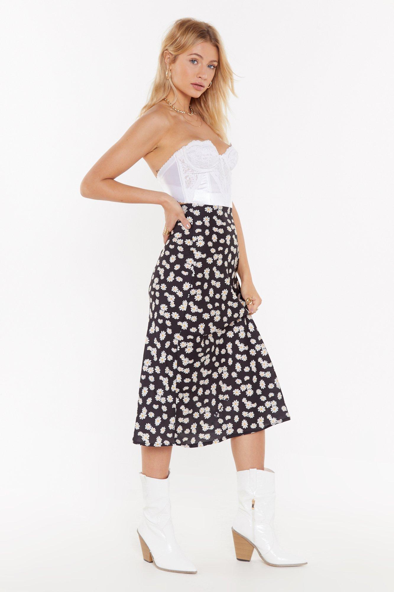 Daisy Print Satin Bias Cut Midi Skirt
