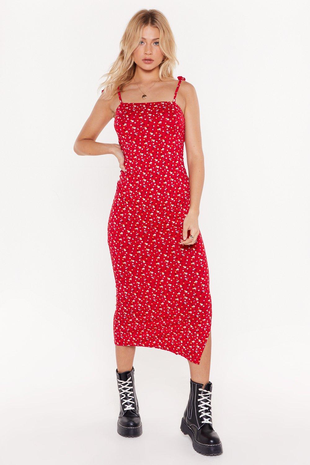 red floral midi dresses