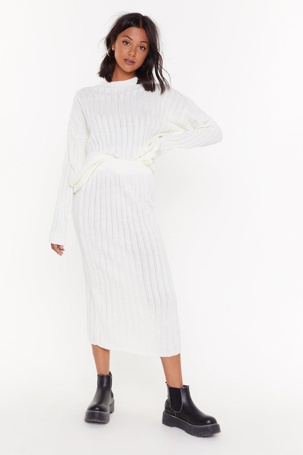 white ribbed midi skirt