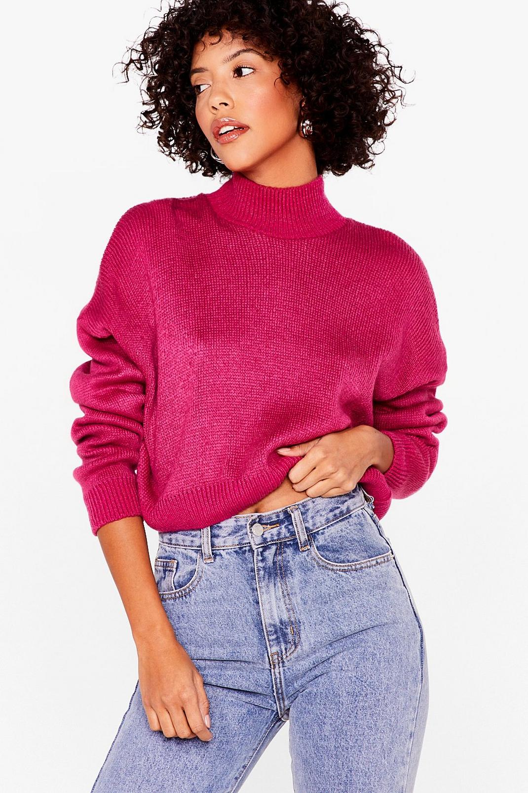 Fuchsia In Our Comfort Zone High Neck Knit Jumper image number 1