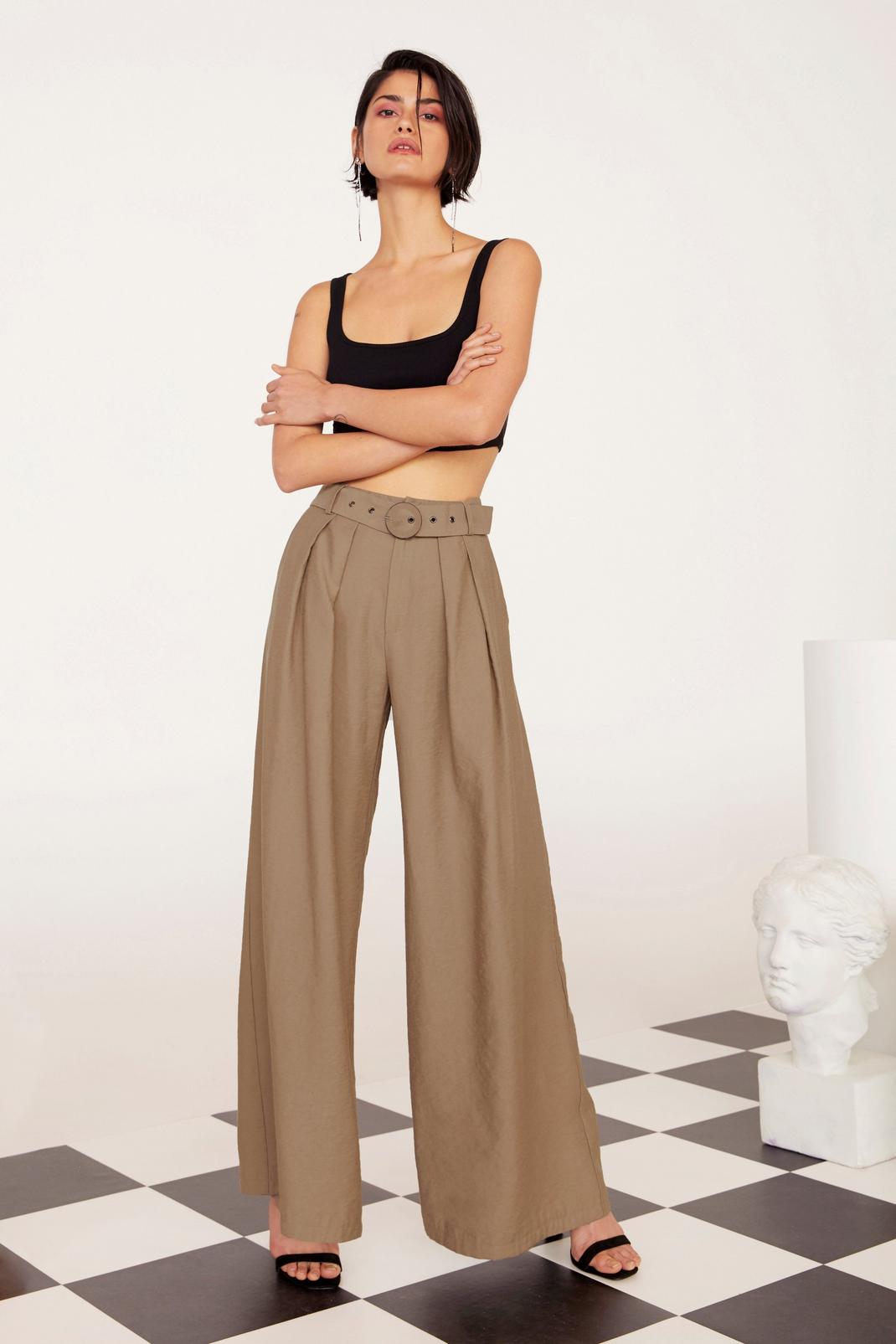 Tan Tailored Belted Wide Leg Pants image number 1