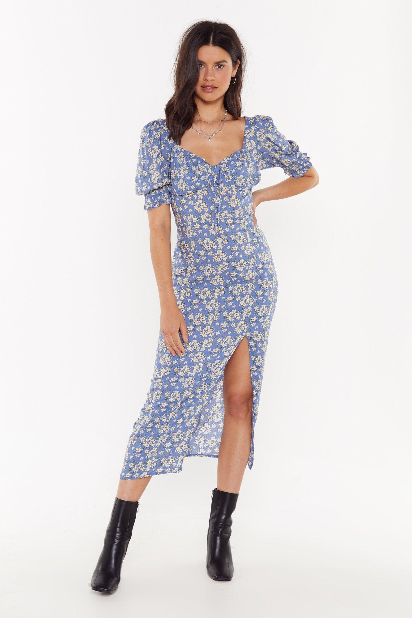 blue patterned maxi dress