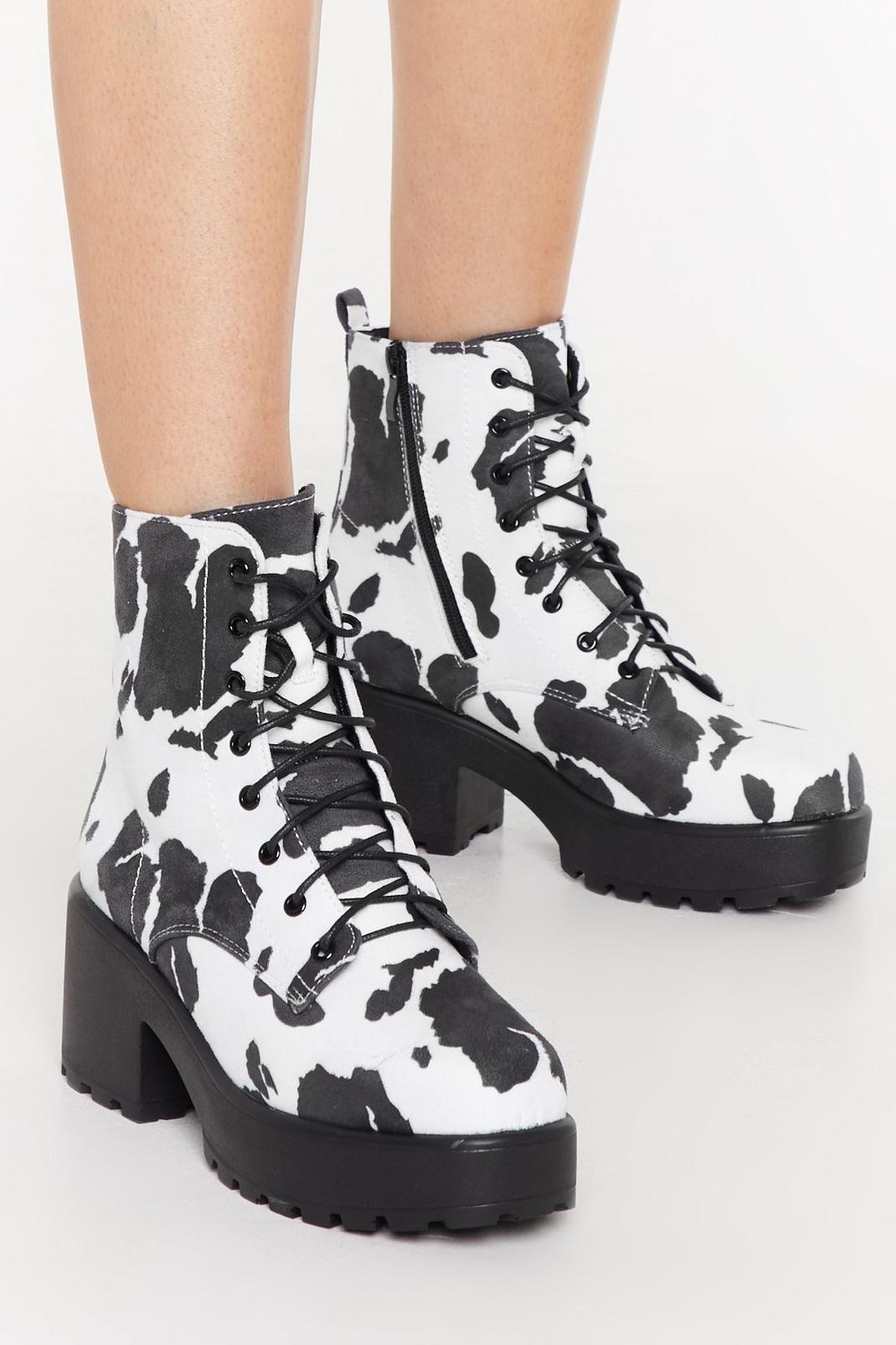 Cow Print Chunky Lace Up Biker Boot image number 1