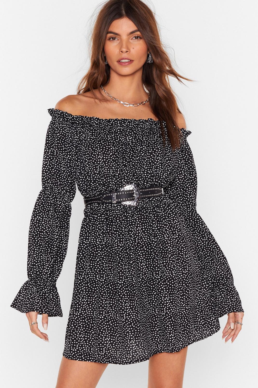 Polka Dot Off-The-Shoulder Mini Dress with Ruffled Edges image number 1