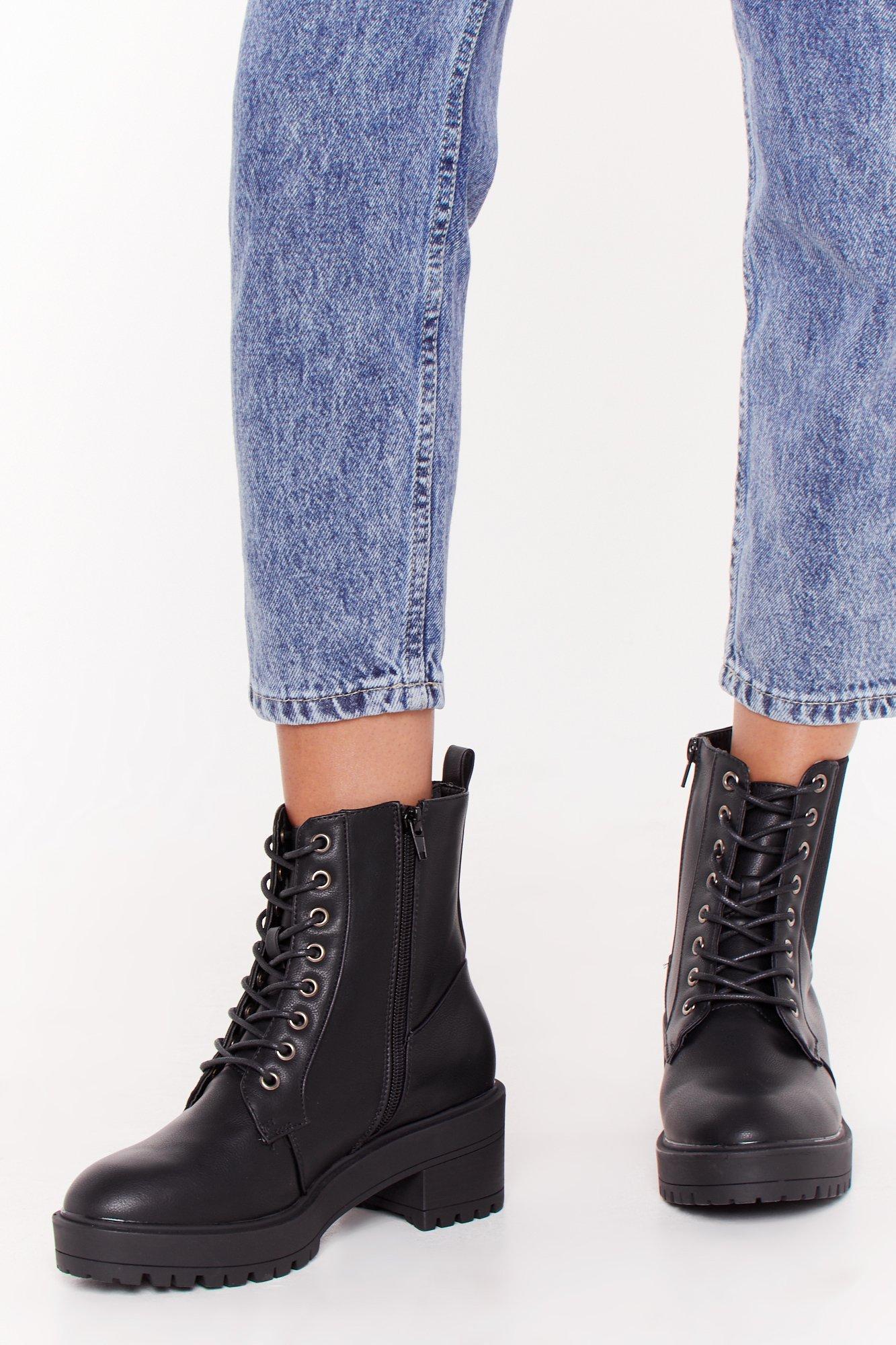 black faux leather lace up boots
