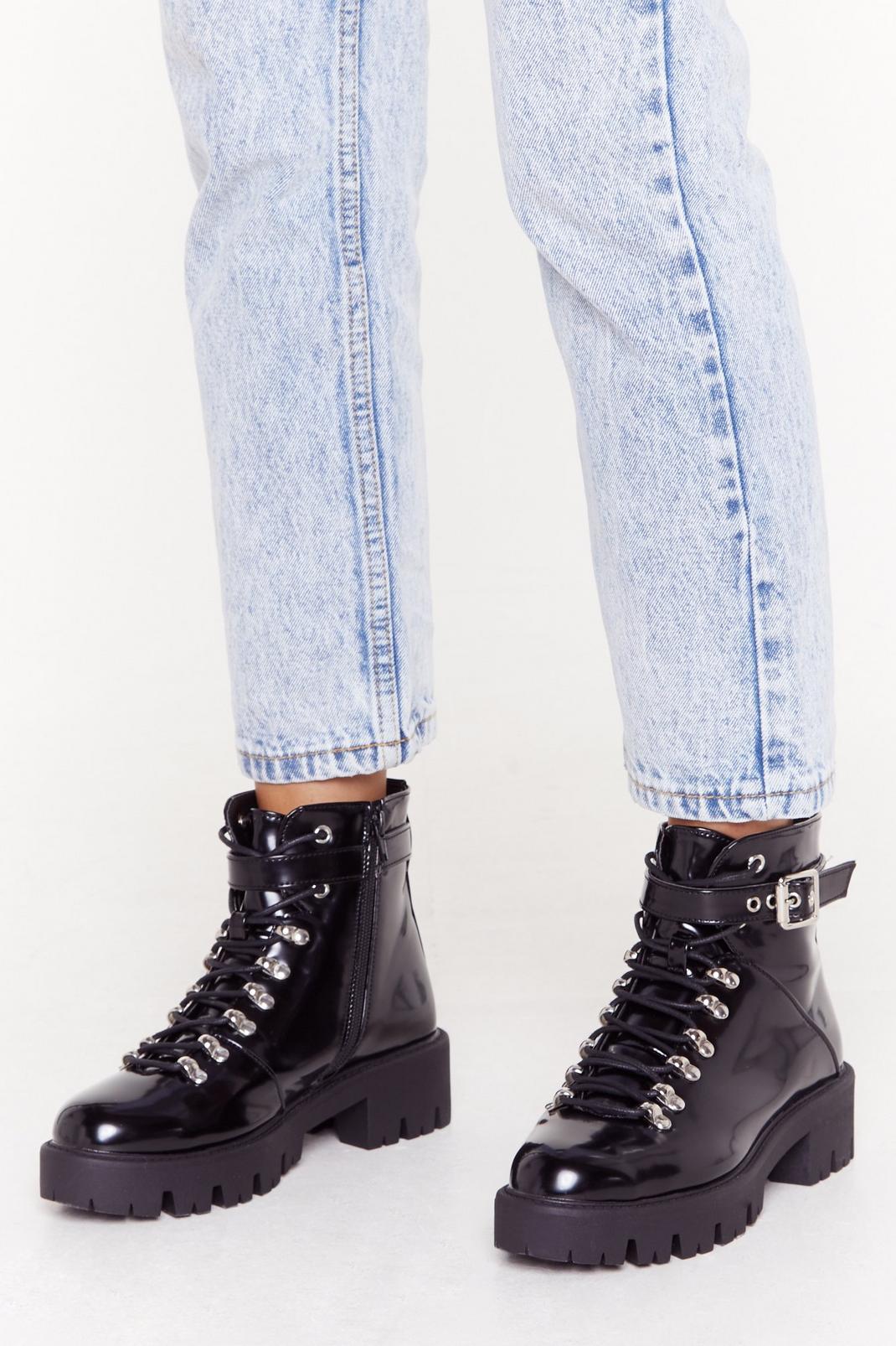 Patent Faux Leather Buckle Boots with Low Block Heel image number 1