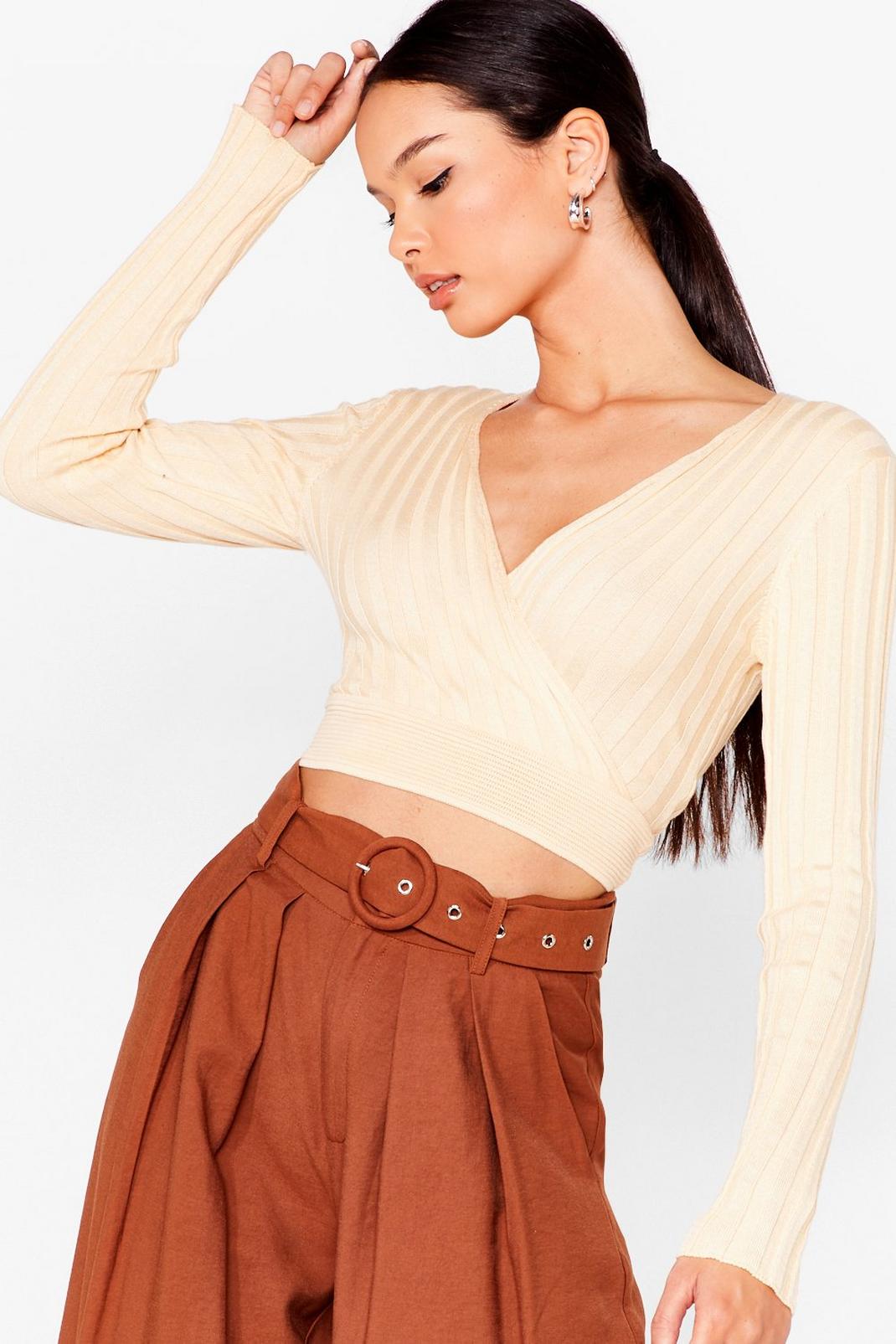 Cream Cropped Long Sleeve Knit Wrap Top image number 1