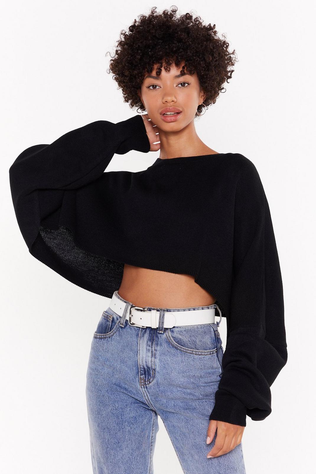 Black Slouchy Batwing Sleeve Crop Sweater image number 1