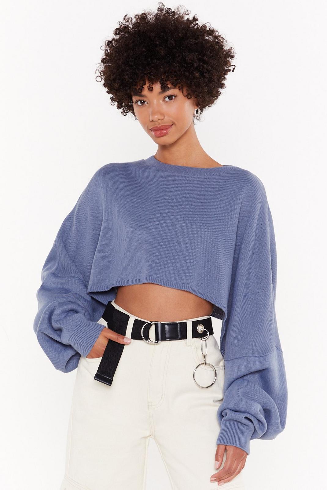 Denim-blue Slouchy Batwing Sleeve Crop Sweater image number 1