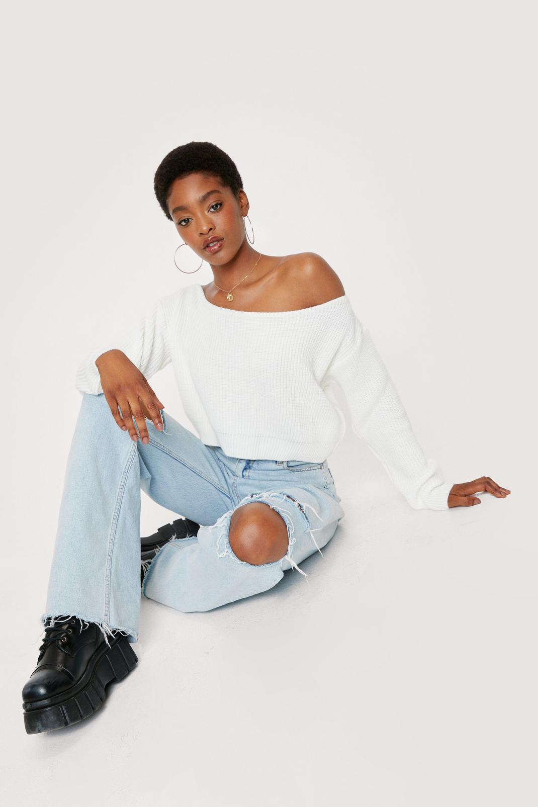 Cream Off The Shoulder Slouchy Knit Sweater image number 1