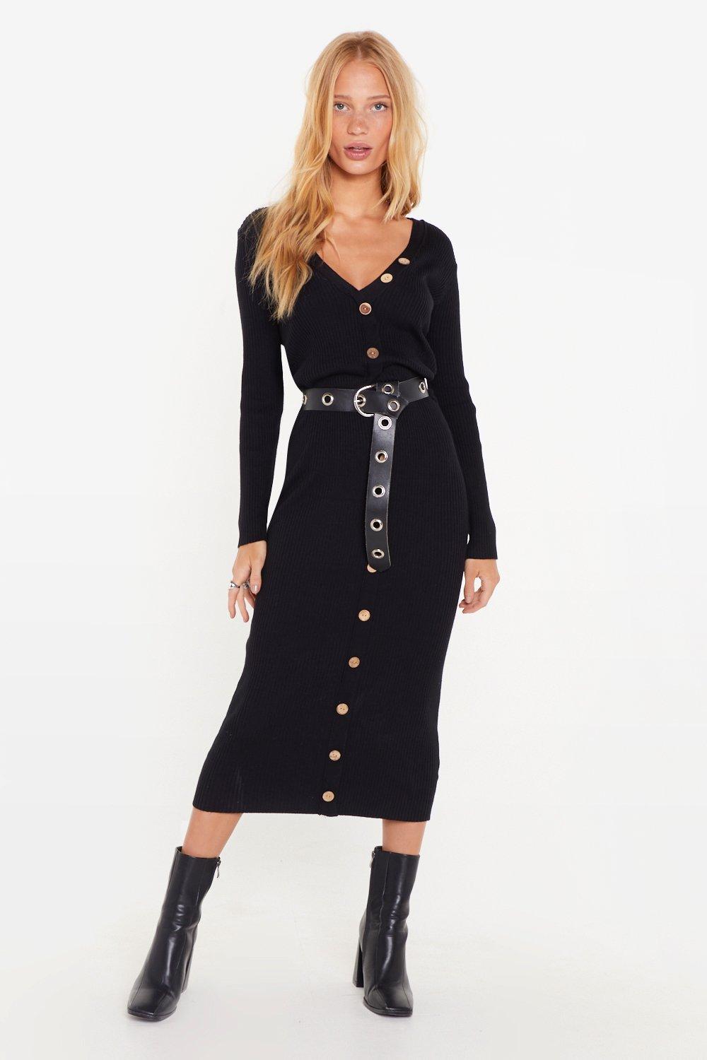 black ribbed dress with buttons