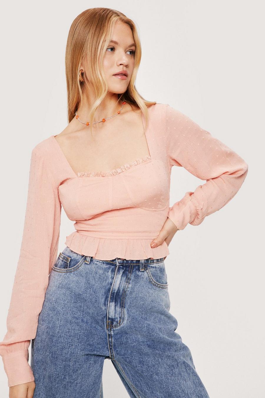Cupped Square Neck Ruffle Hem Blouse