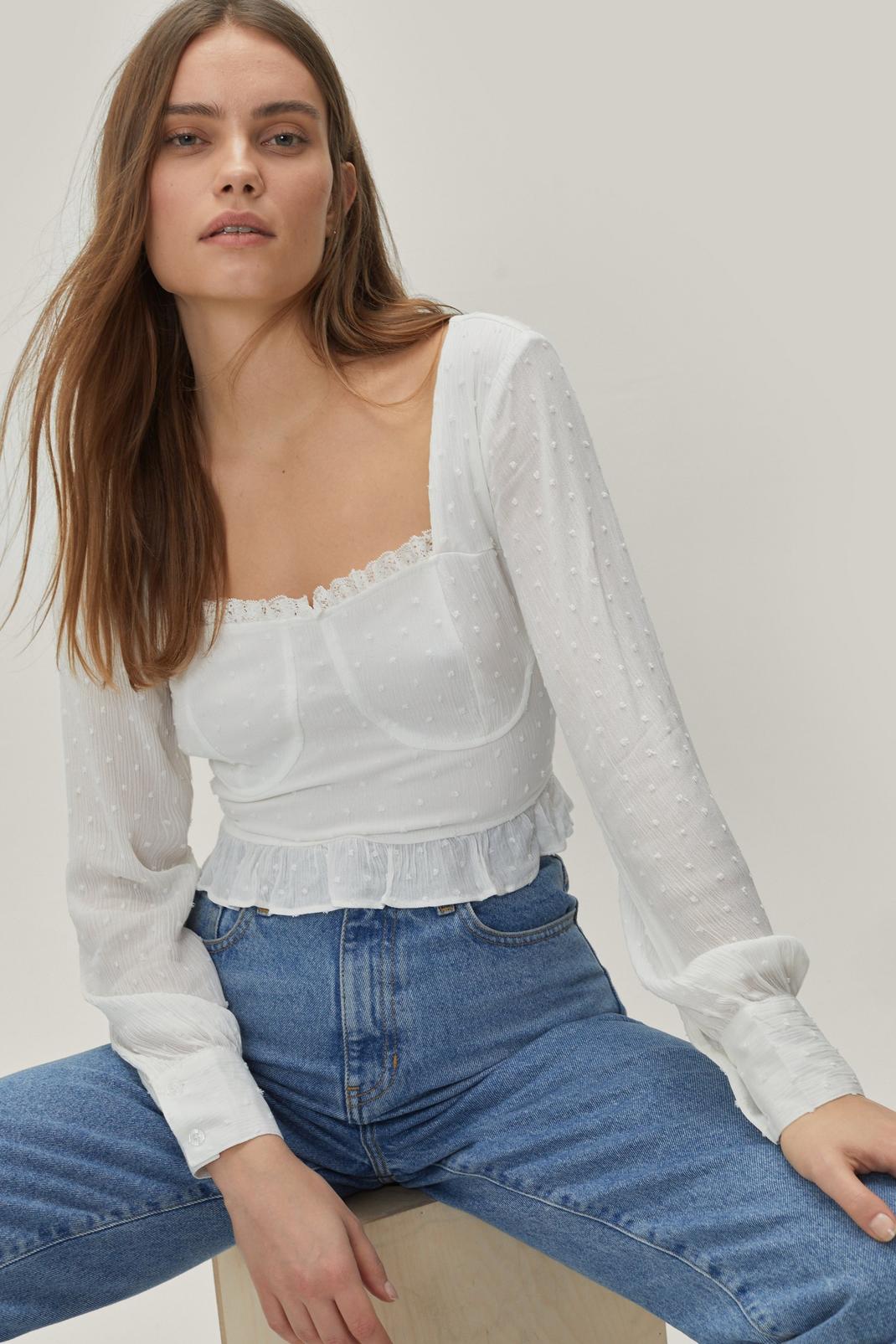White Cupped Square Neck Textured Crop Top image number 1