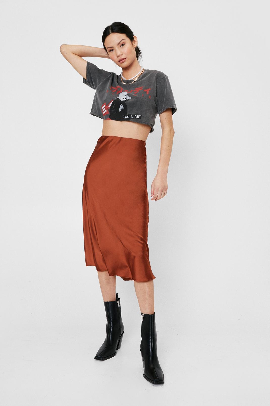 Tan Silky Satin Midi Skirt image number 1
