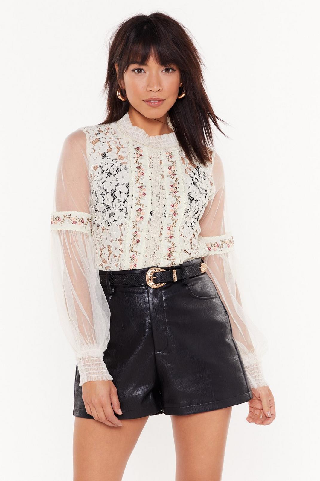 Embroidered Lace Sheer Sleeve Blouse image number 1