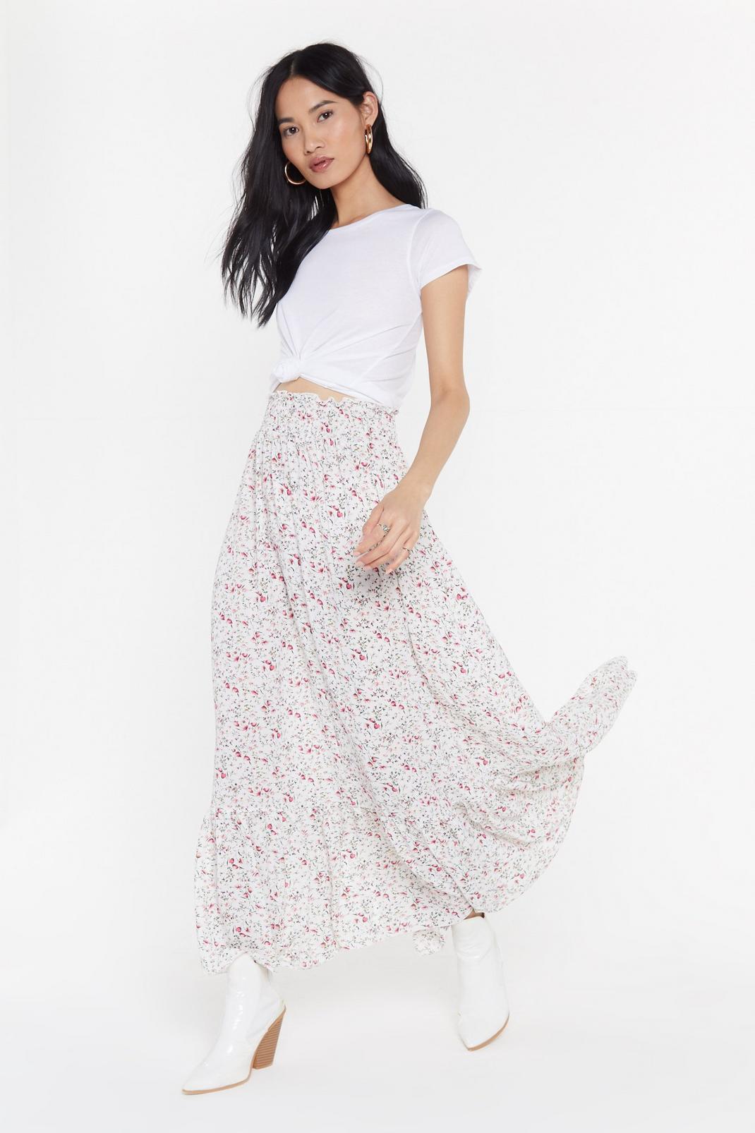 White Ditsy Floral Gypsy Maxi Skirt image number 1