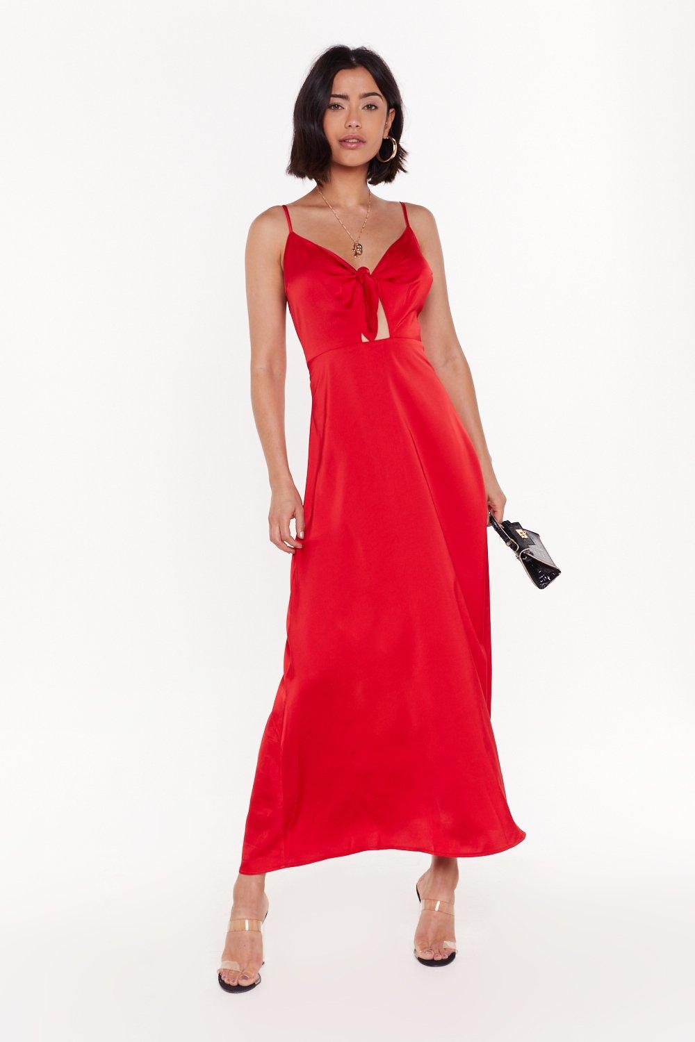 red satin tie dress