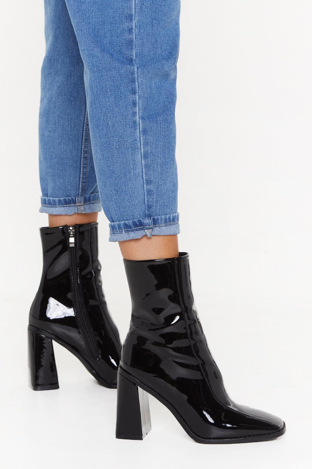 Black Patent Square Toe Flare Heel Boots image number 1