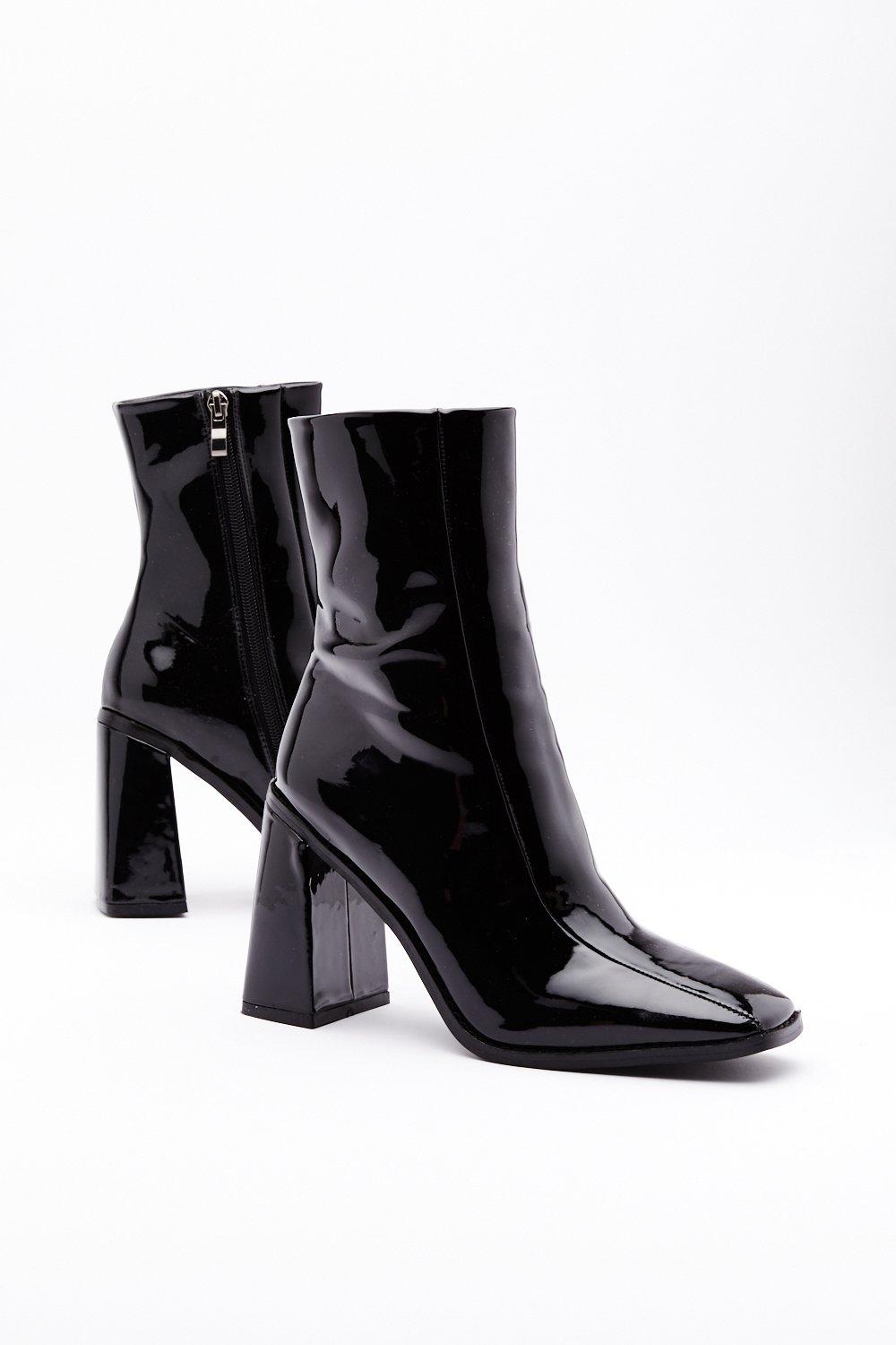 Patent Square Toe Flare Heel Boots