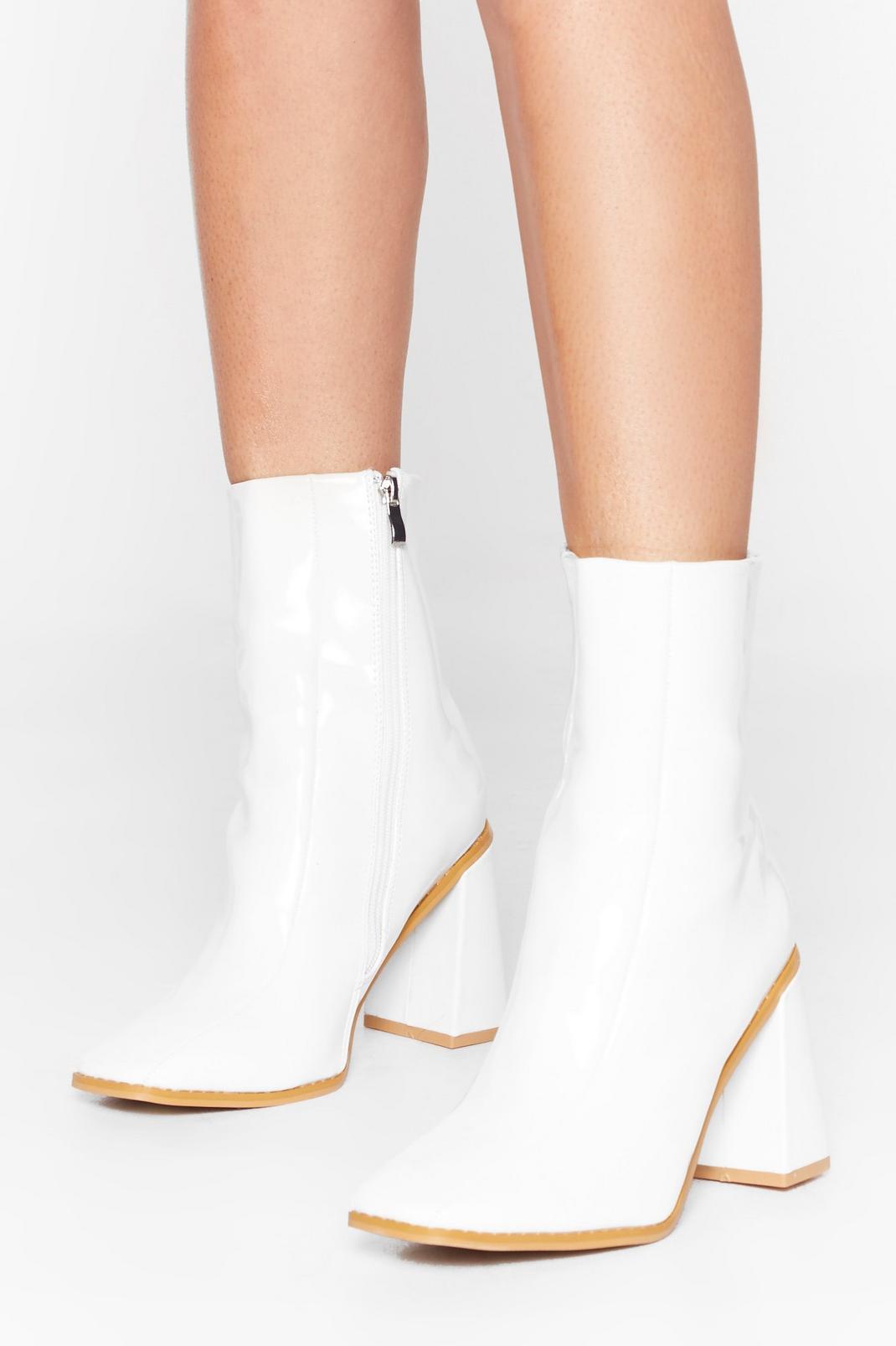White Square Toe Patent Leather Ankle Boots image number 1
