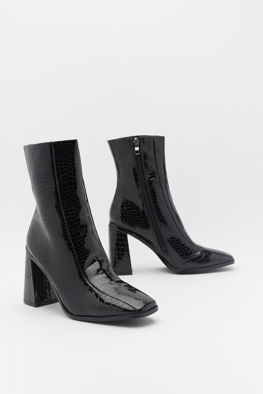 Black Croc Square Toe Flared Heel Boots image number 1