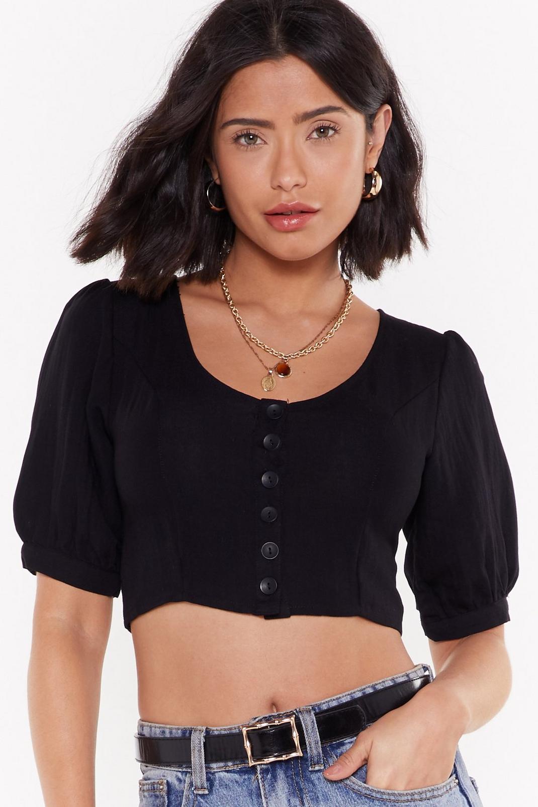 It's All Going Button-Down Linen Cropped Blouse image number 1