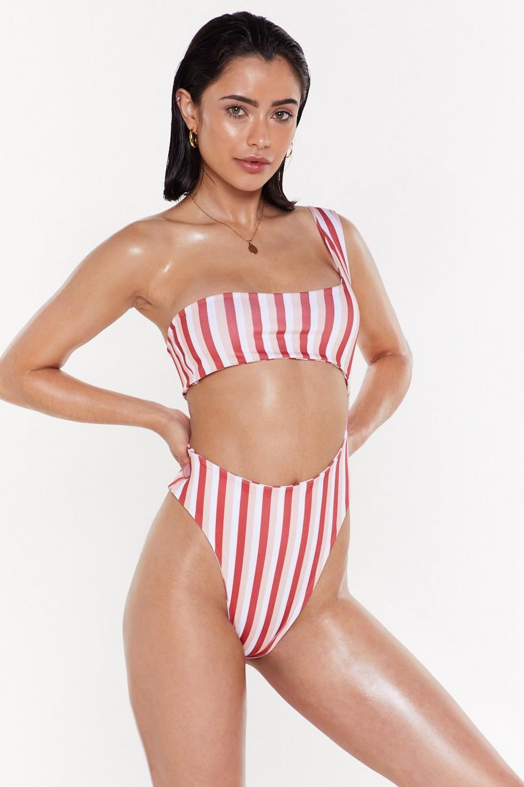 Stripe One Shoulder Cut Out High Leg Swimsuit image number 1