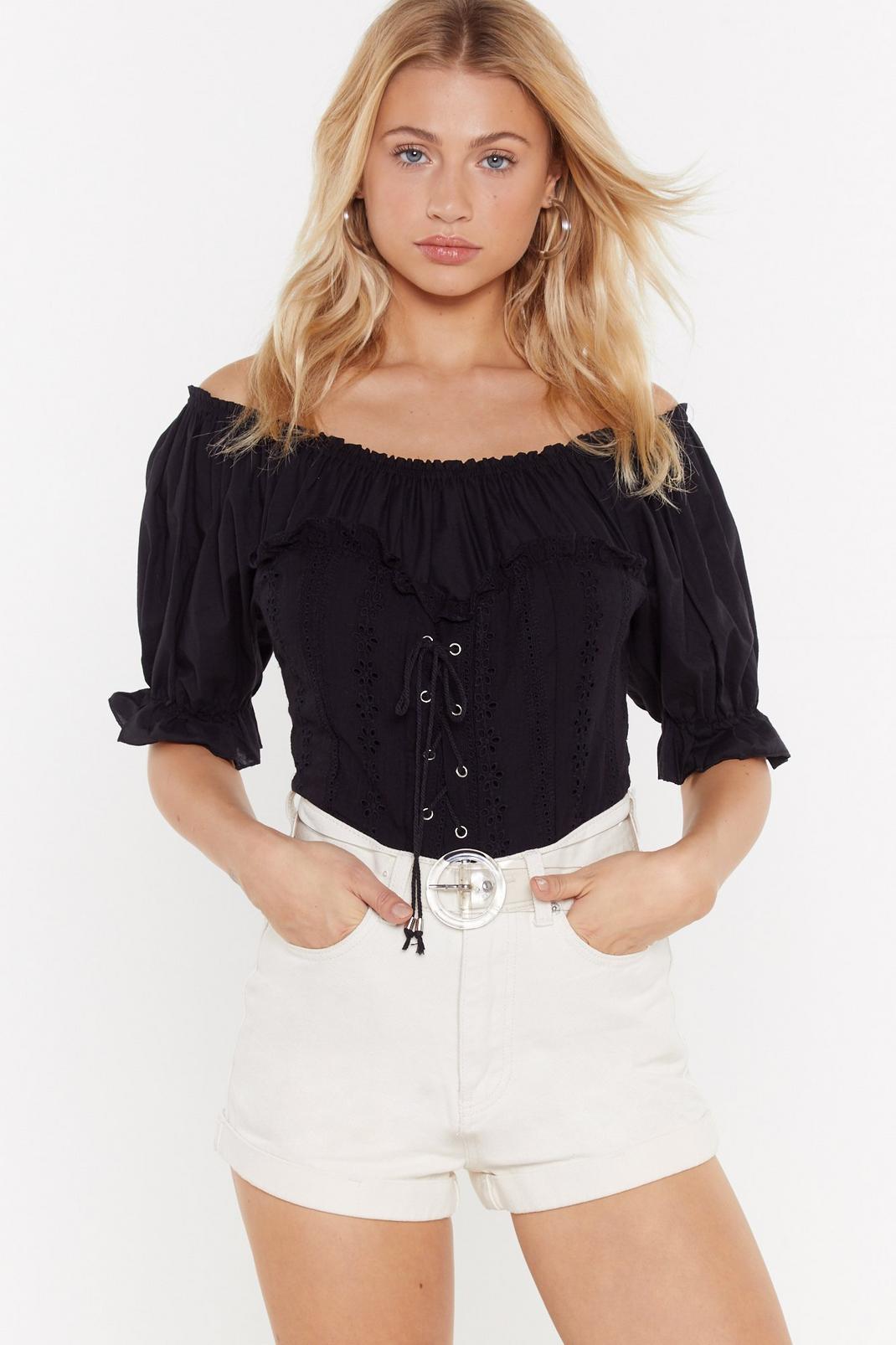 Of Corset is Broderie Lace-Up Blouse image number 1