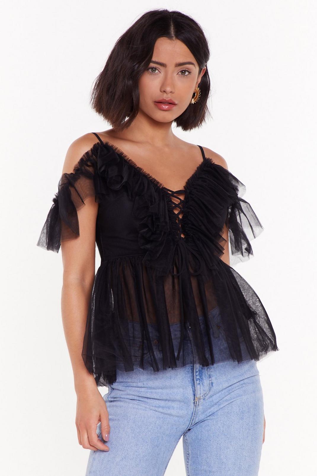 Don't Mesh This Up Ruffle Cold Shoulder Top image number 1