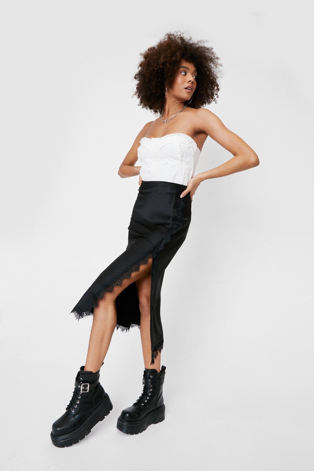 Black Lace Trim Satin Midi Skirt image number 1