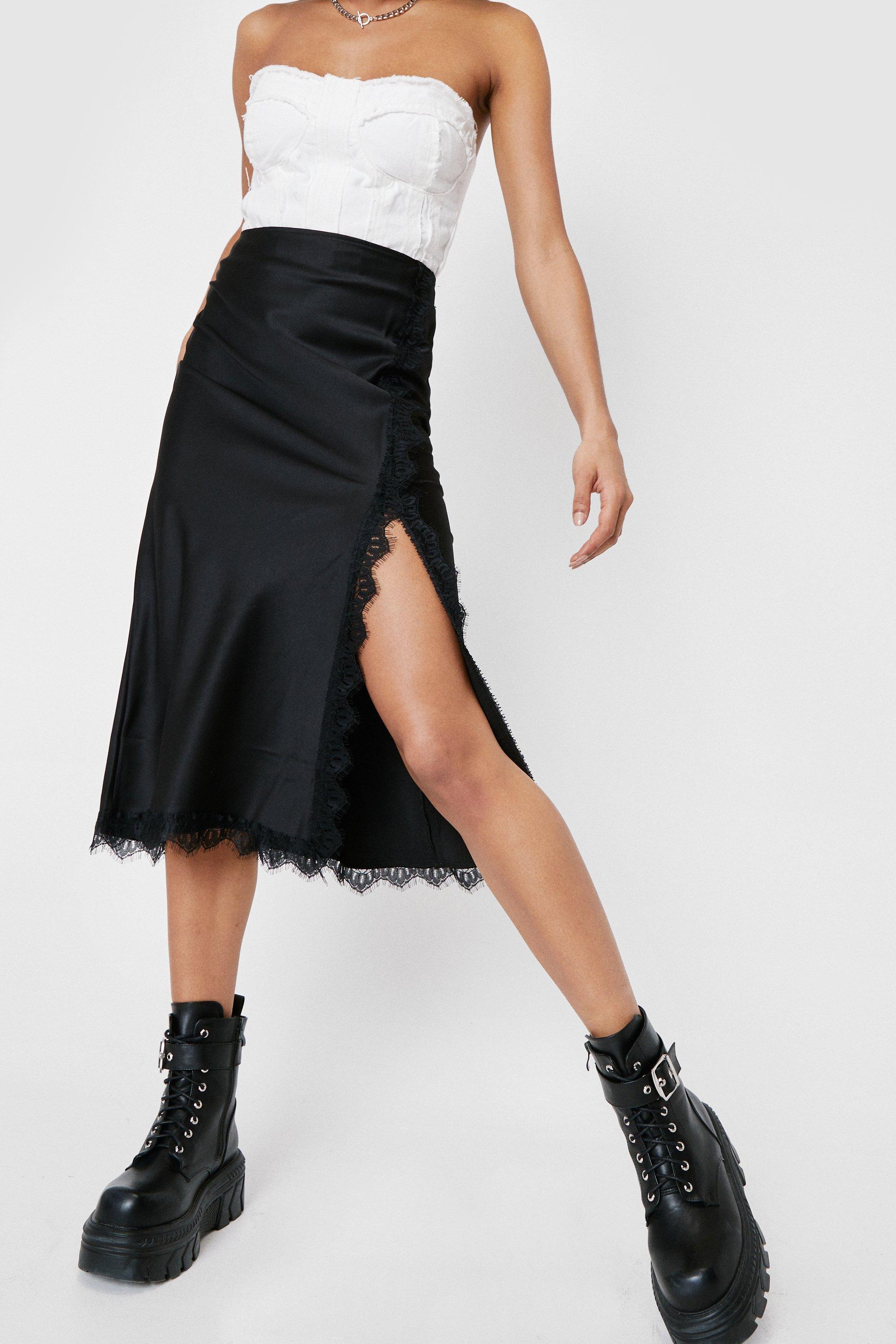 Black satin skirt with lace trim sale