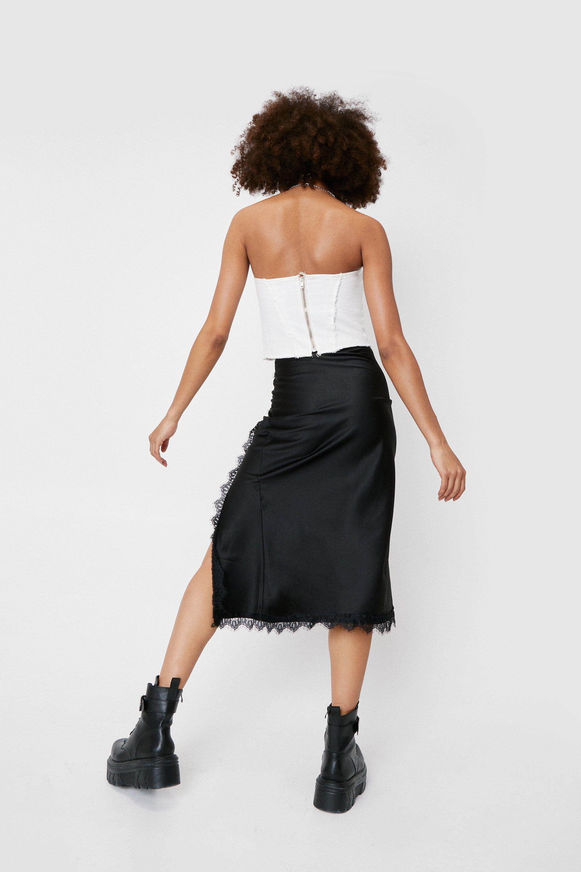 Lace Trim Satin Midi Skirt