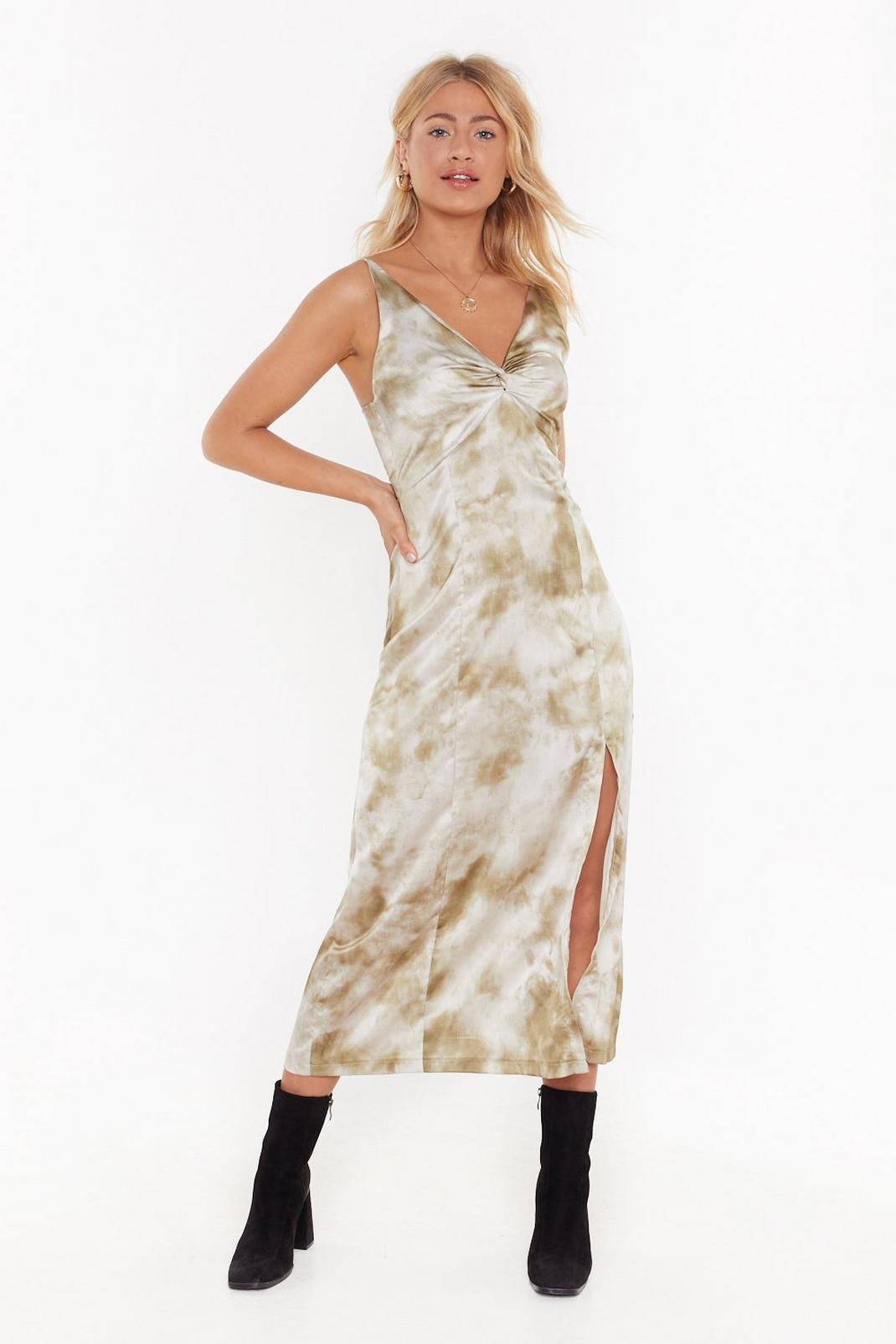 Satin Tie Dye Knot Front Midi Dress image number 1