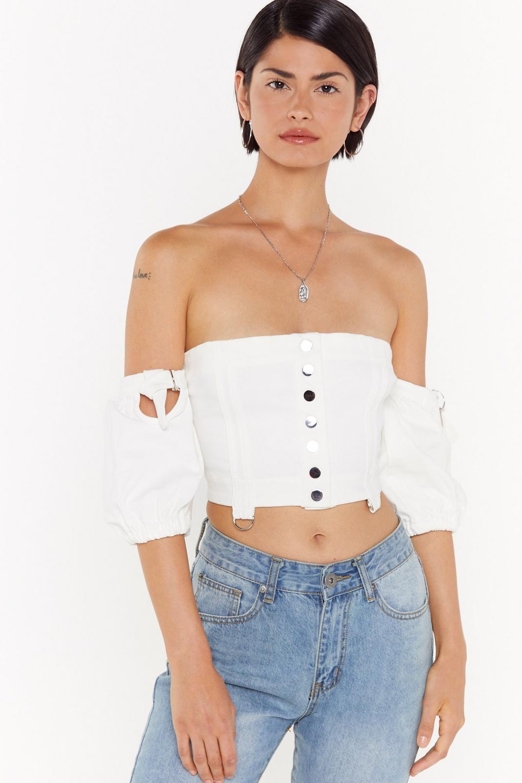 Let's Call the Whole Thing Off-the-Shoulder Denim Crop Top image number 1