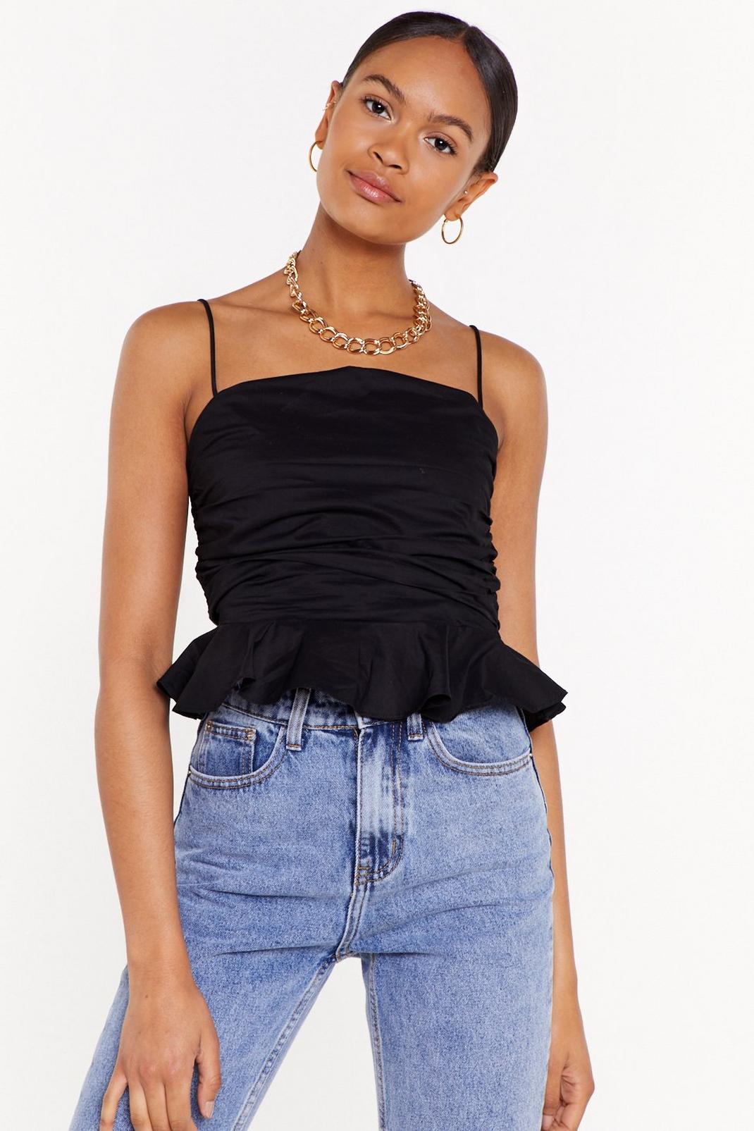 Ruched Spaghetti Strap Ruffle Crop Top image number 1
