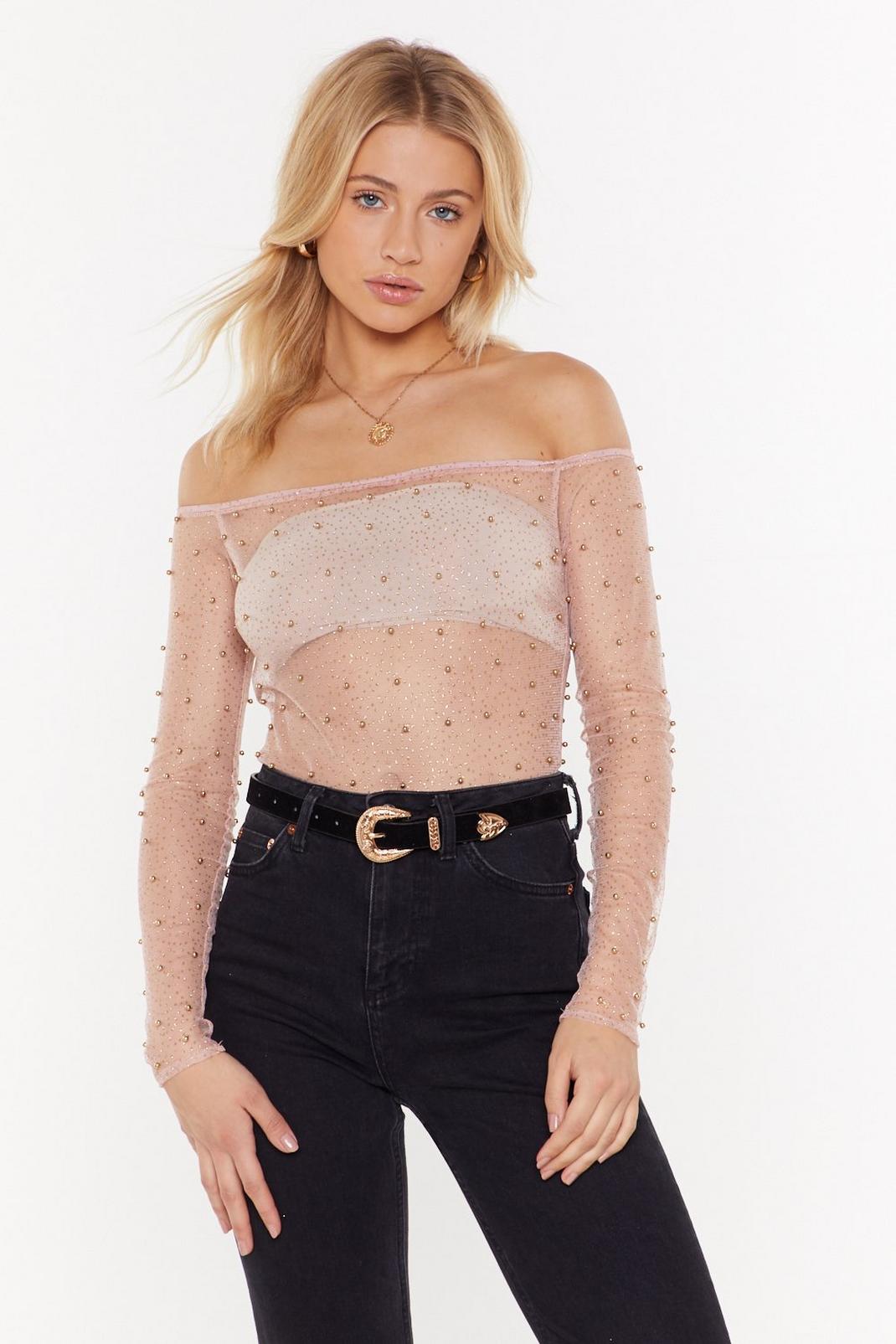 Nude Don't Mesh With Me Pearl Off-the-Shoulder Bodysuit image number 1