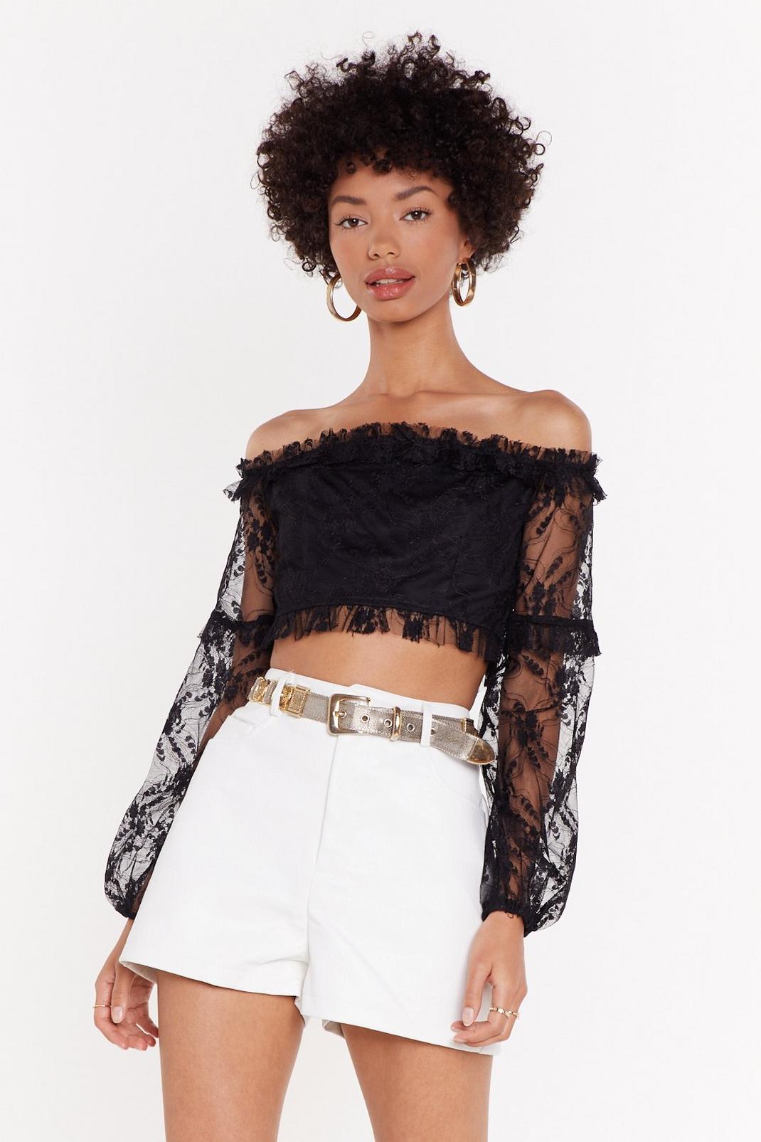 Lace Frill Edge Bardot Puff Sleeve Top image number 1