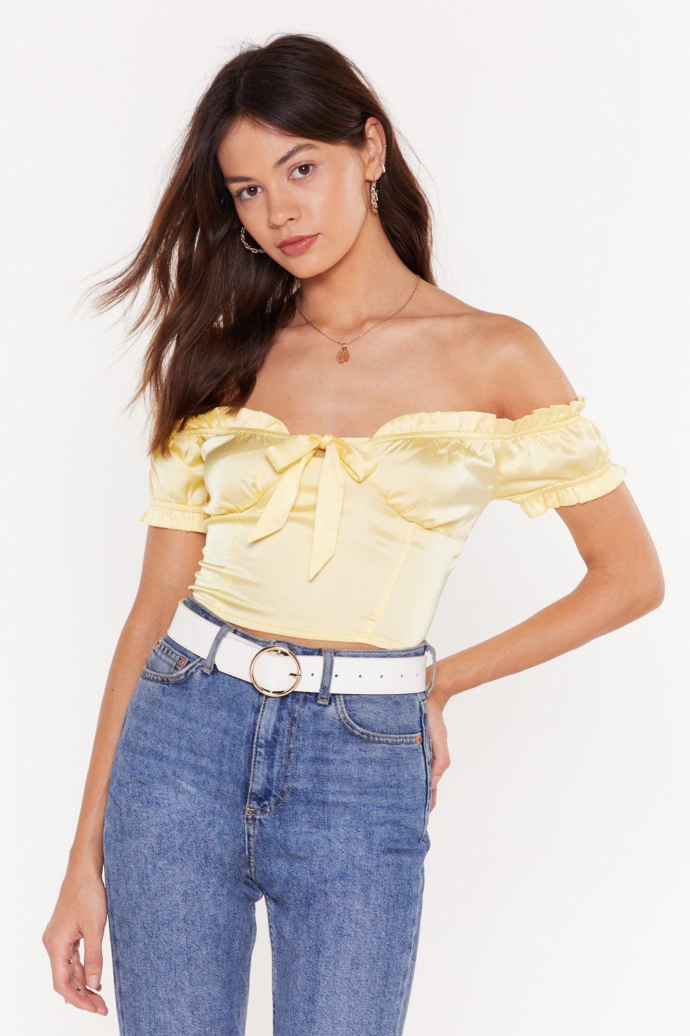 satin off the shoulder crop top