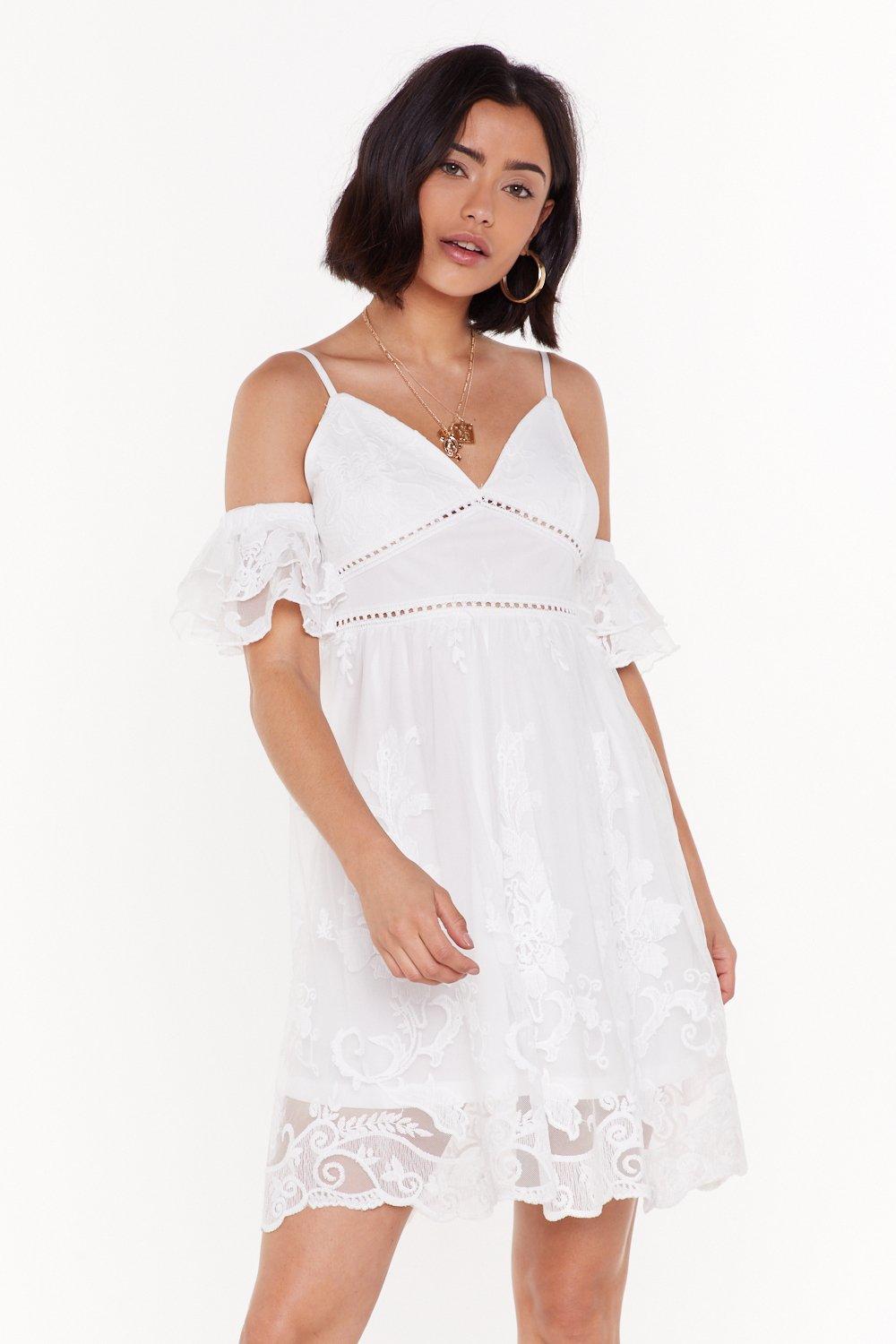 white lace cold shoulder dress