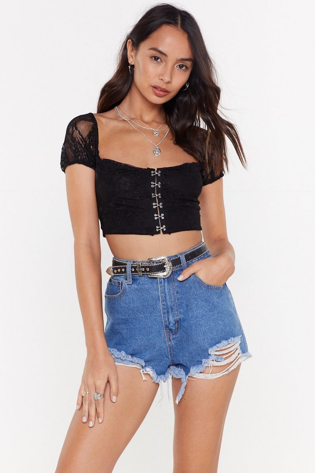 Black Hooked On You Hook and Eye Lace Crop Top image number 1