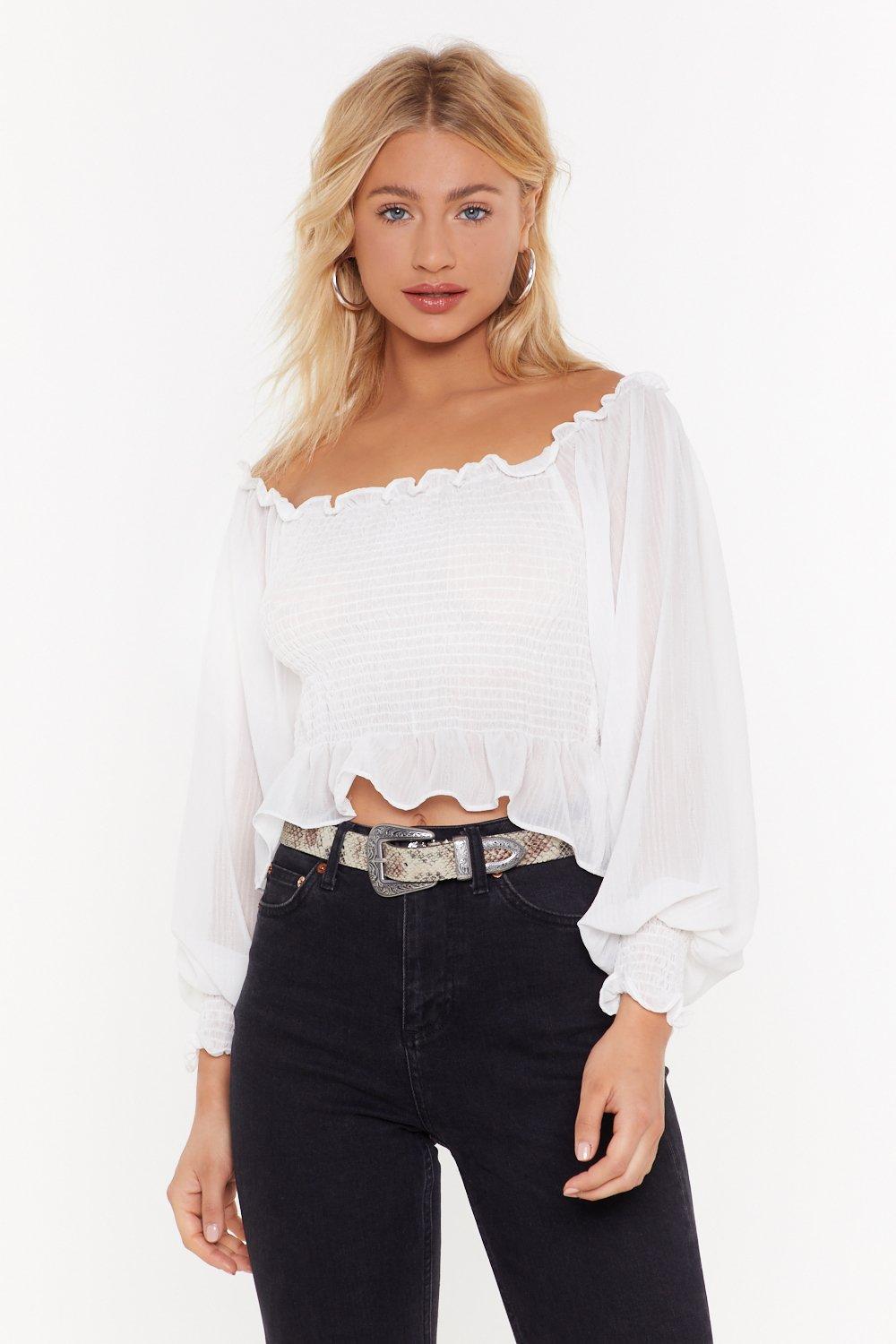 white chiffon off the shoulder top