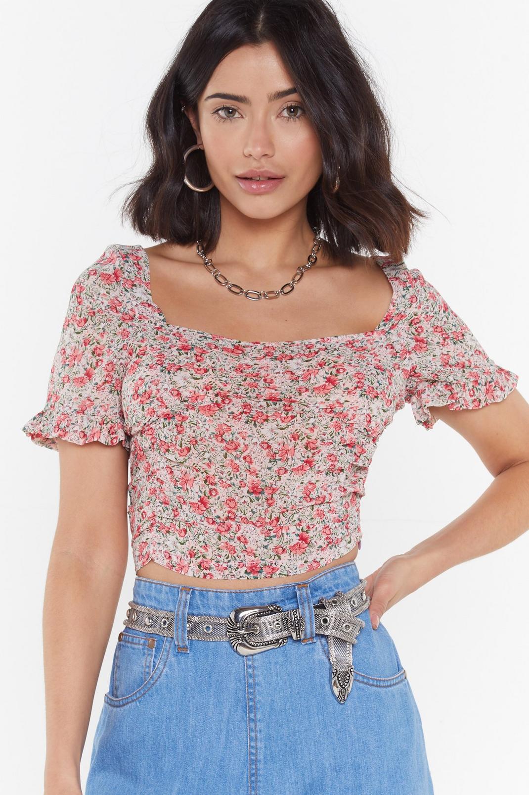 Ruche of Color Floral Cropped Blouse image number 1