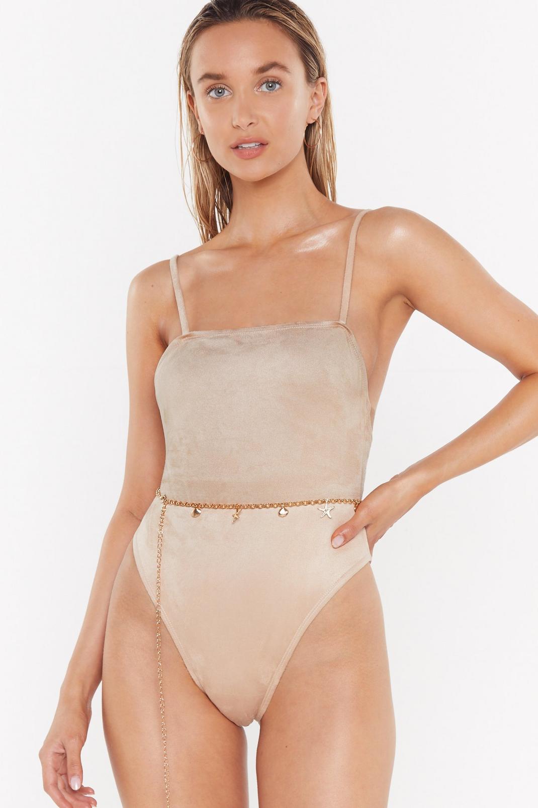 Sunny Side Up Faux Suede Square Neck Swimsuit image number 1