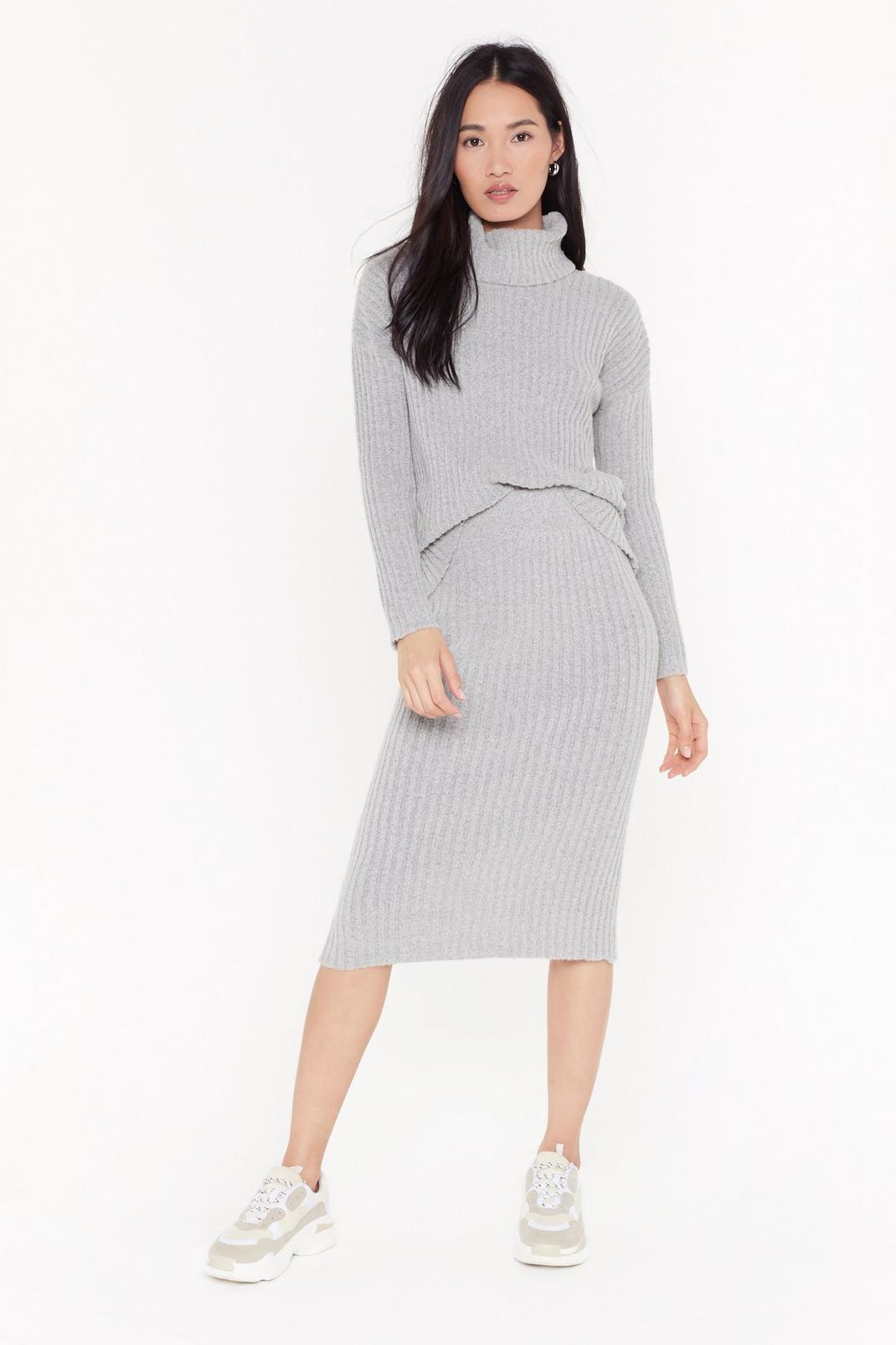 Grey All Set Turtleneck Sweater and Midi Skirt Set image number 1